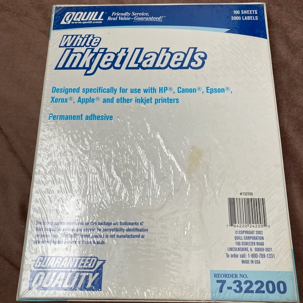 Quill White InkJet Labels. 3000 labels, 100 sheets. 30 per page. Sealed, NIB